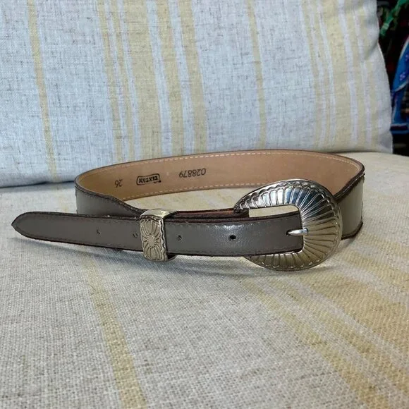 Vintage Textan Grey Leather Western Belt Silver Detailed Metal Buckle - Picture 9 of 16